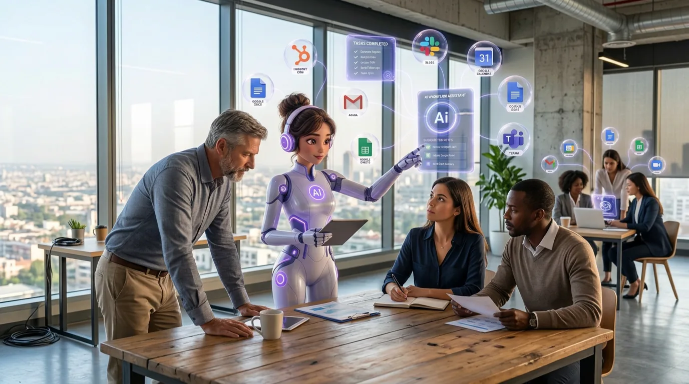 AI Employee collaborating with a team in a bright office