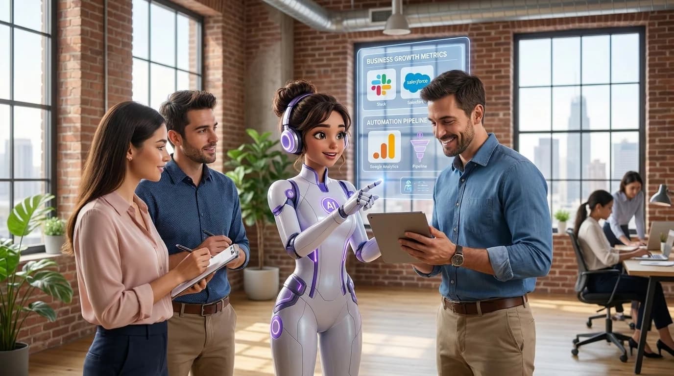 AI Employee connecting business tools with a team in an office