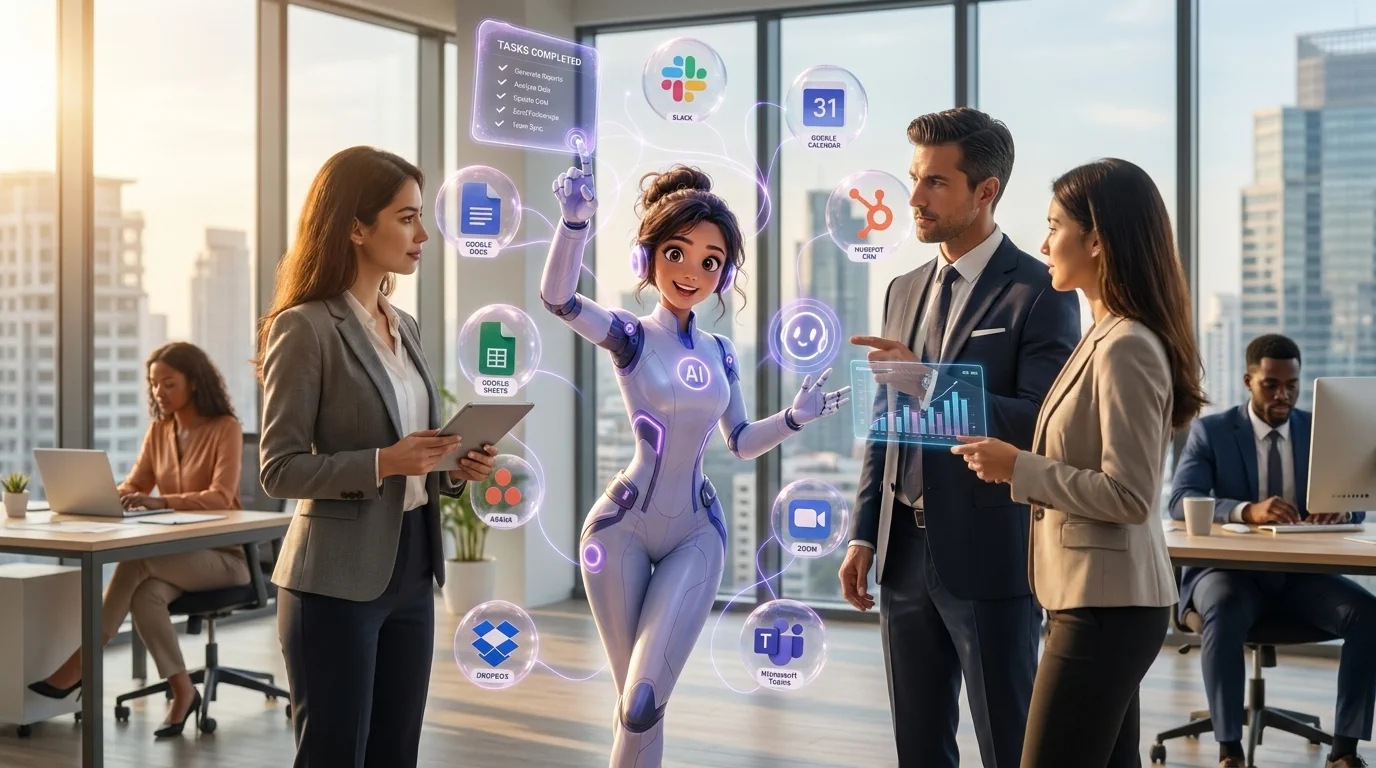 AI Employee coordinating connected business tools with a team in an office